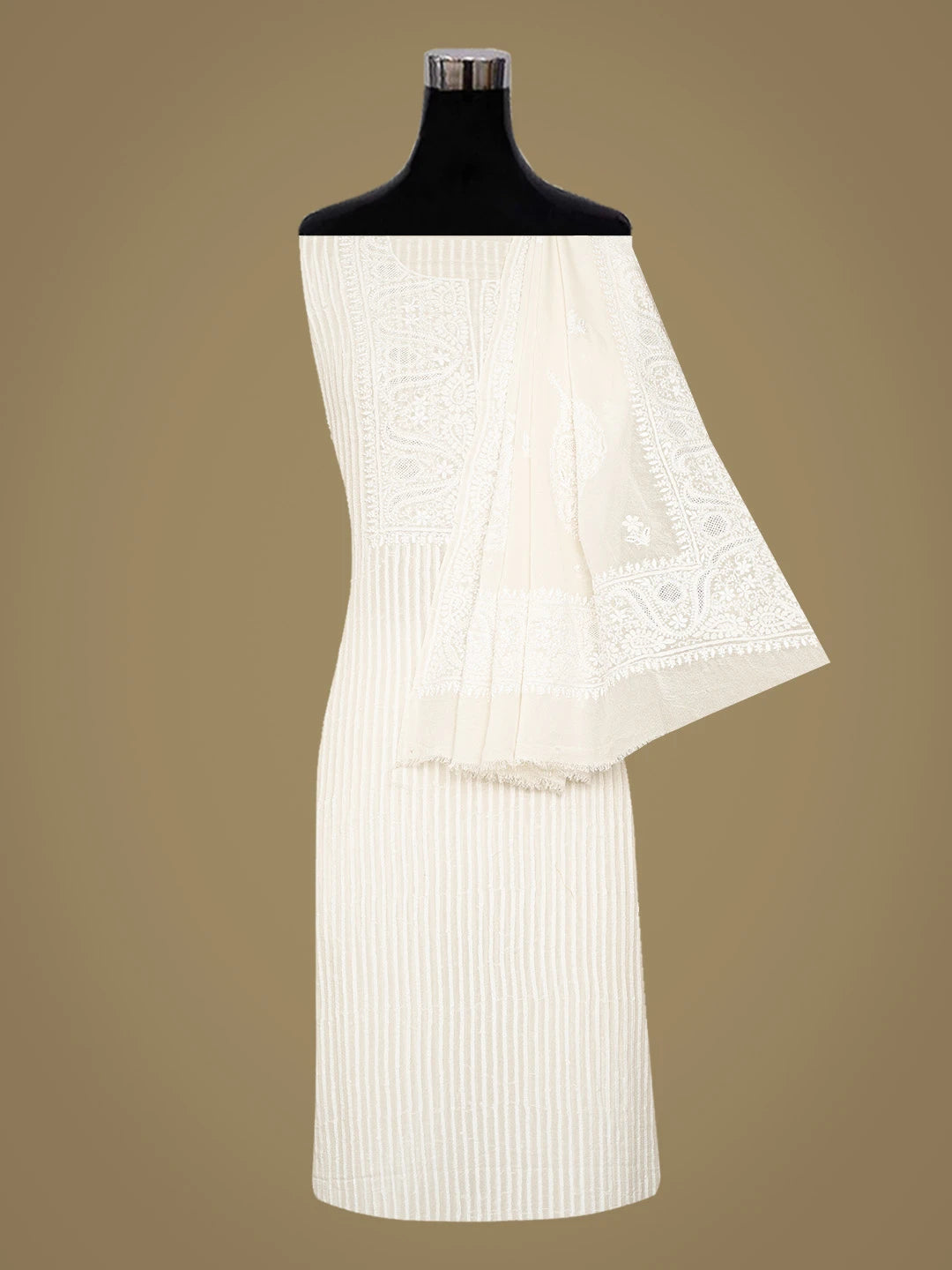 Ada Hand Embroidered White Pure Georgette Lucknowi Chikankari Unstitched Kurta Dupatta Set 01A681369