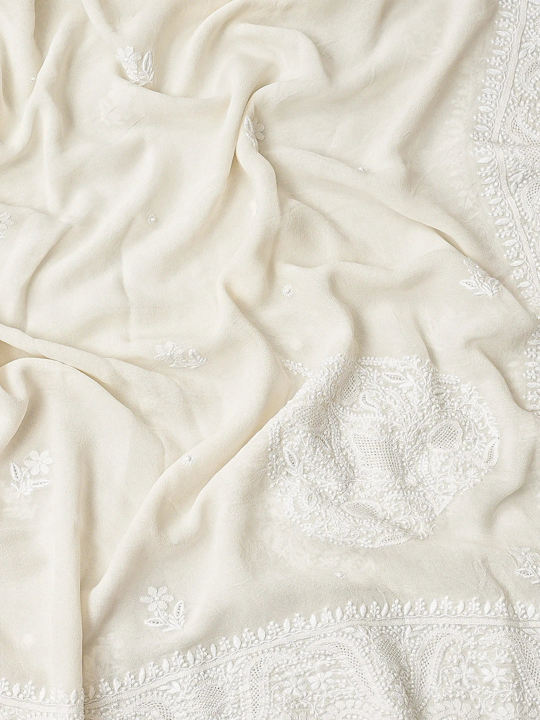 Ada Hand Embroidered White Pure Georgette Lucknowi Chikankari Unstitched Kurta Dupatta Set 01A681369