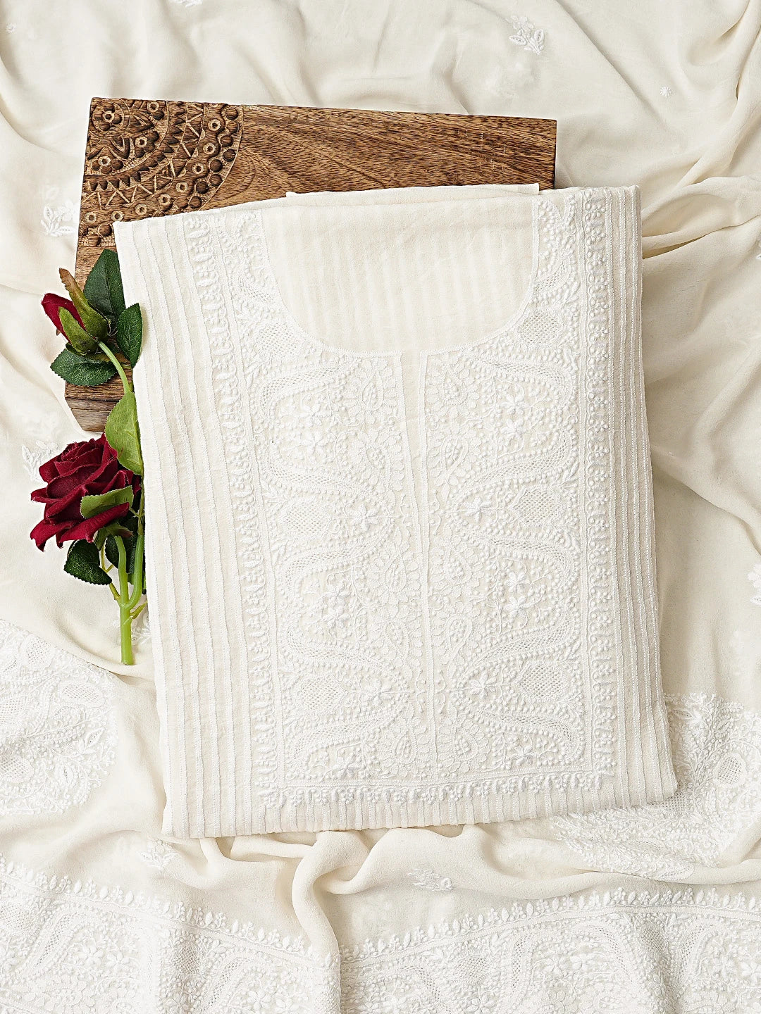 Ada Hand Embroidered White Pure Georgette Lucknowi Chikankari Unstitched Kurta Dupatta Set 01A681369