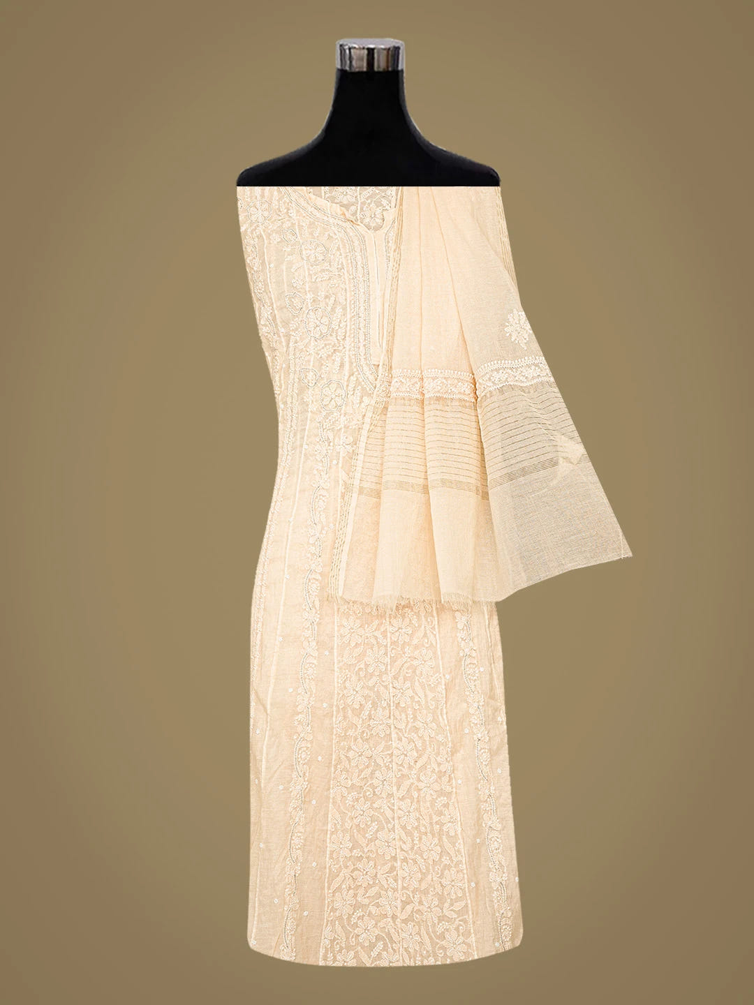 Ada Hand Embroidered Peach Chanderi Lucknowi Chikankari Semi-Stitched Kurta Dupatta Set With Pearl Work 01A787452