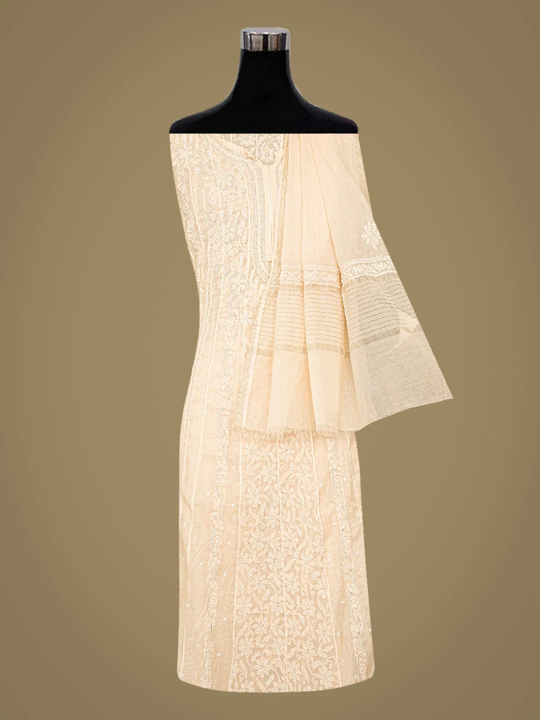 Ada Hand Embroidered Peach Chanderi Lucknowi Chikankari Semi-Stitched Kurta Dupatta Set With Pearl Work 01A787452