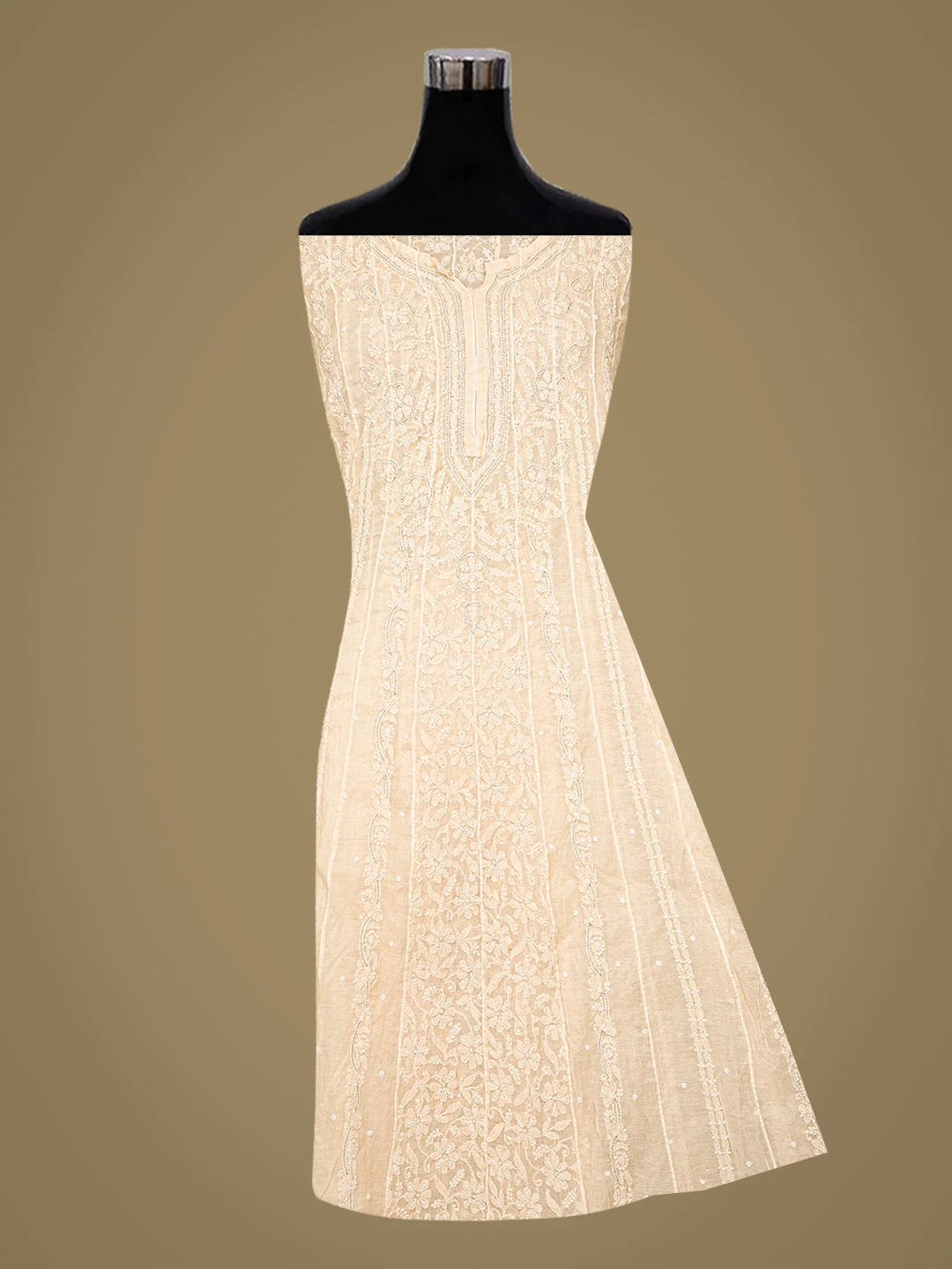Ada Hand Embroidered Peach Chanderi Lucknowi Chikankari Semi-Stitched Kurta Dupatta Set With Pearl Work 01A787452