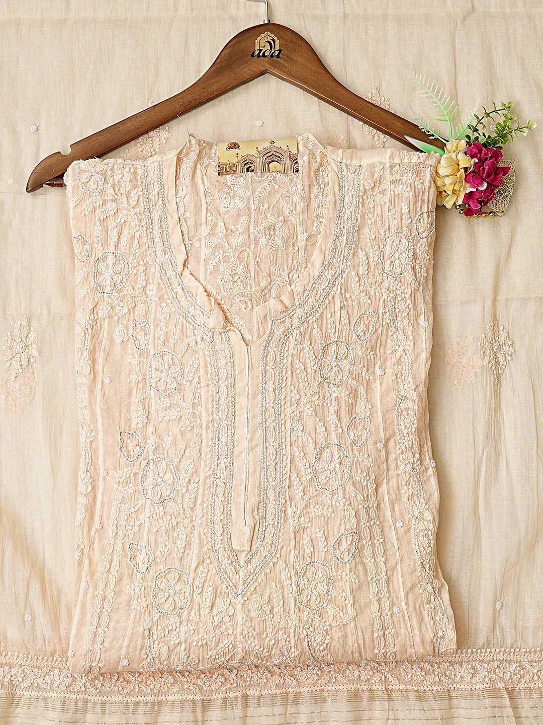 Ada Hand Embroidered Peach Chanderi Lucknowi Chikankari Semi-Stitched Kurta Dupatta Set With Pearl Work 01A787452