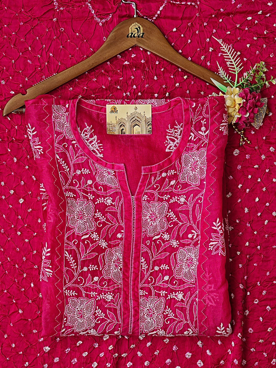 Ada Hand Embroidered Magenta Organza Lucknowi Chikankari Semi-Stitched Kurta Dupatta Set 01A653473
