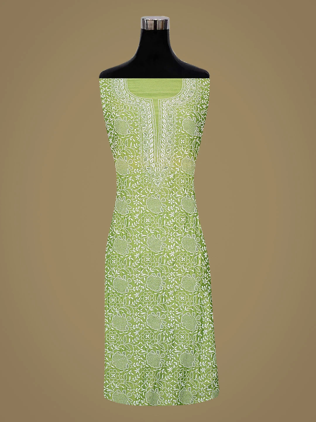Ada Hand Embroidered Green Chanderi Lucknowi Chikankari Unstitched Kurta Dupatta Set 01A737551