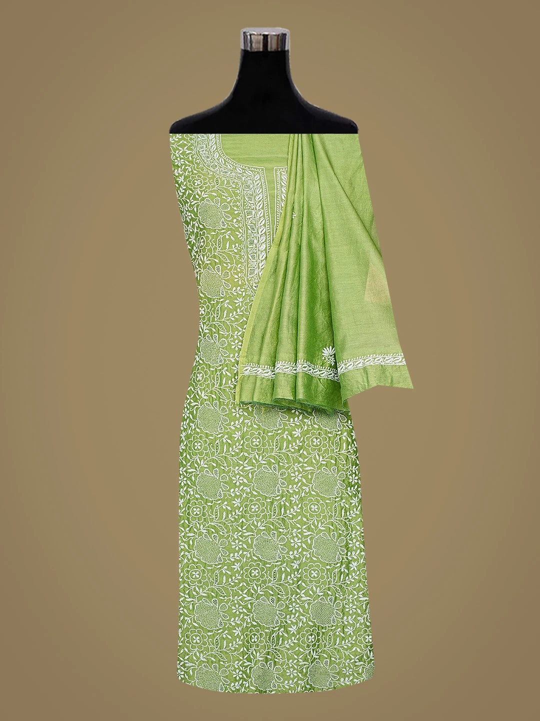 Ada Hand Embroidered Green Chanderi Lucknowi Chikankari Unstitched Kurta Dupatta Set 01A737551