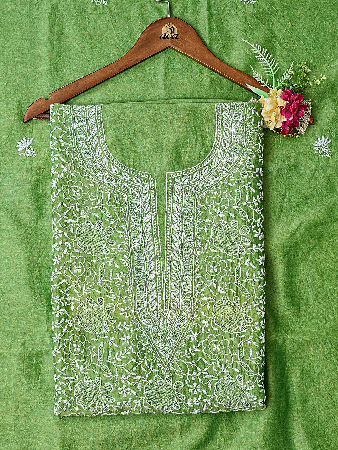 Ada Hand Embroidered Green Chanderi Lucknowi Chikankari Unstitched Kurta Dupatta Set 01A737551