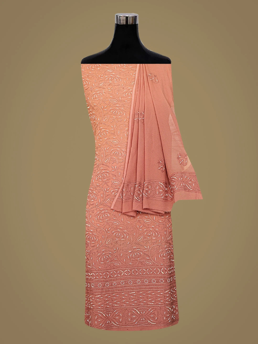 Ada Hand Embroidered Ombre Shade Of Brown Viscose Georgette Lucknowi Chikankari Unstitched Kurta Dupatta Set With Pearl Work 01A125213