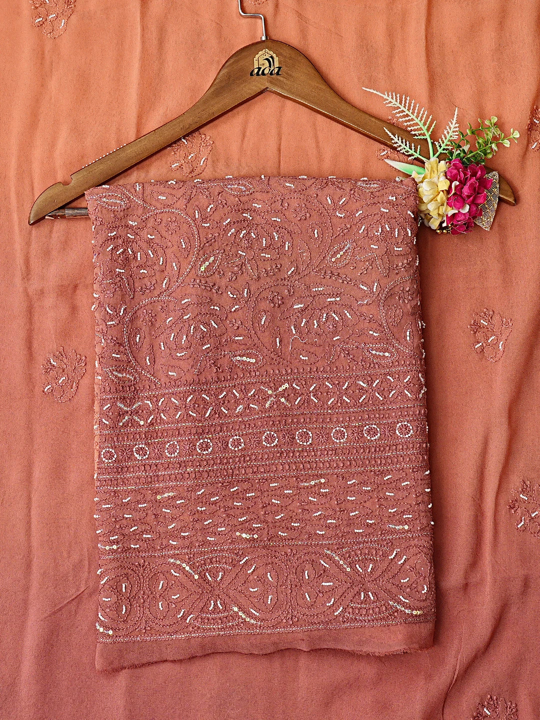 Ada Hand Embroidered Ombre Shade Of Brown Viscose Georgette Lucknowi Chikankari Unstitched Kurta Dupatta Set With Pearl Work 01A125213