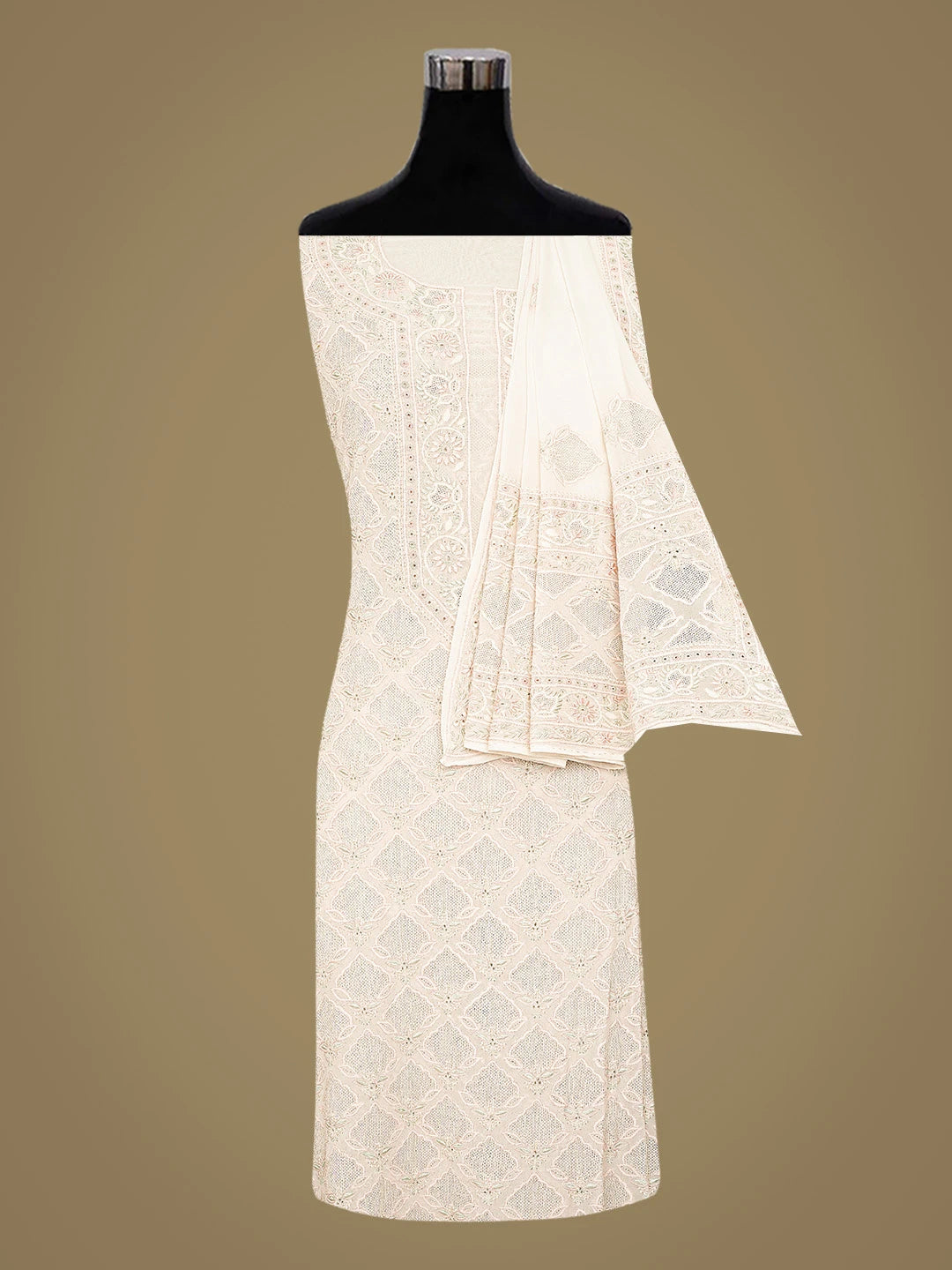 Ada Hand Embroidered White Pure Georgette Lucknowi Chikankari Unstitched Kurta Dupatta Set 01A795857
