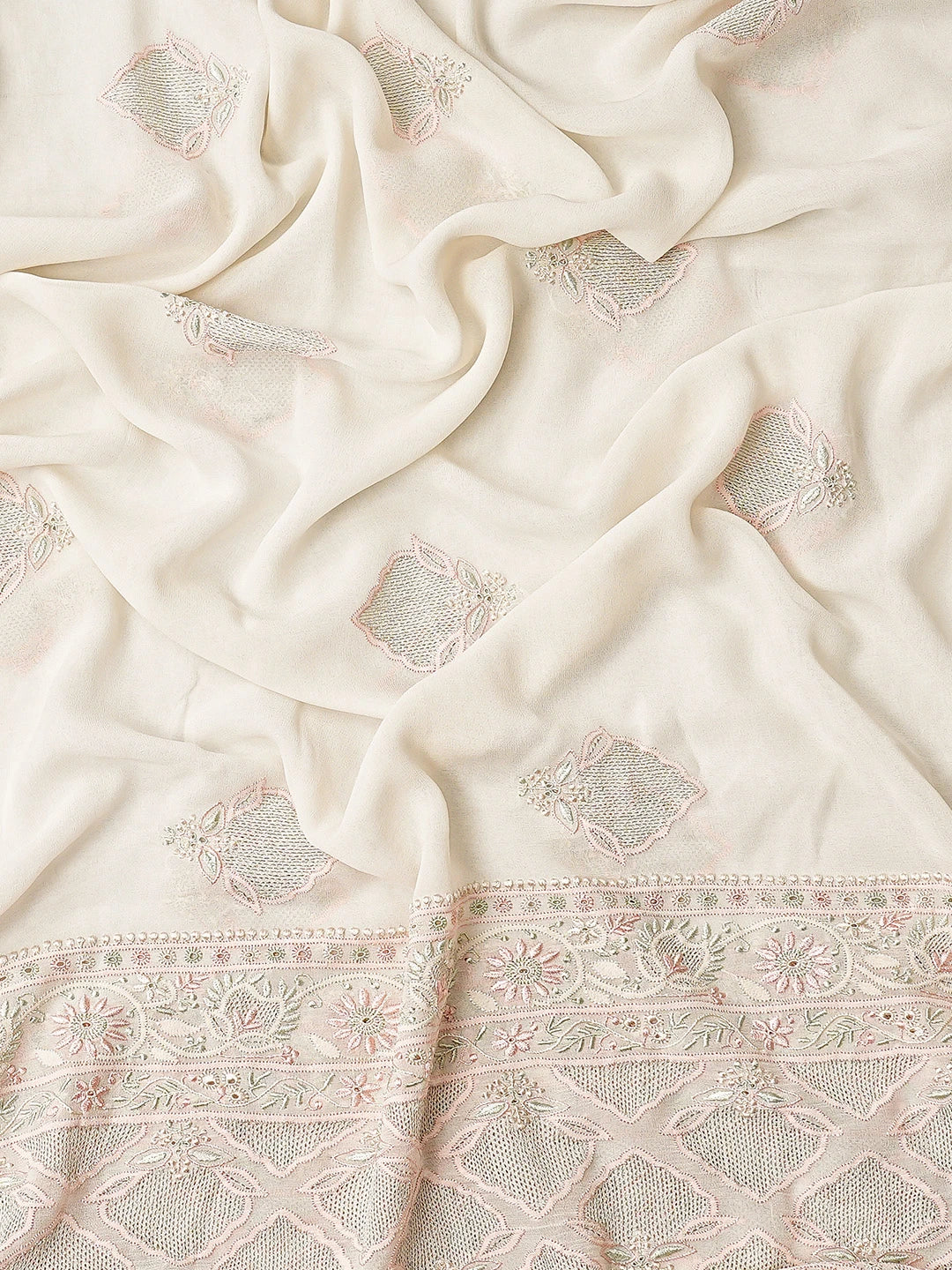 Ada Hand Embroidered White Pure Georgette Lucknowi Chikankari Unstitched Kurta Dupatta Set 01A795857