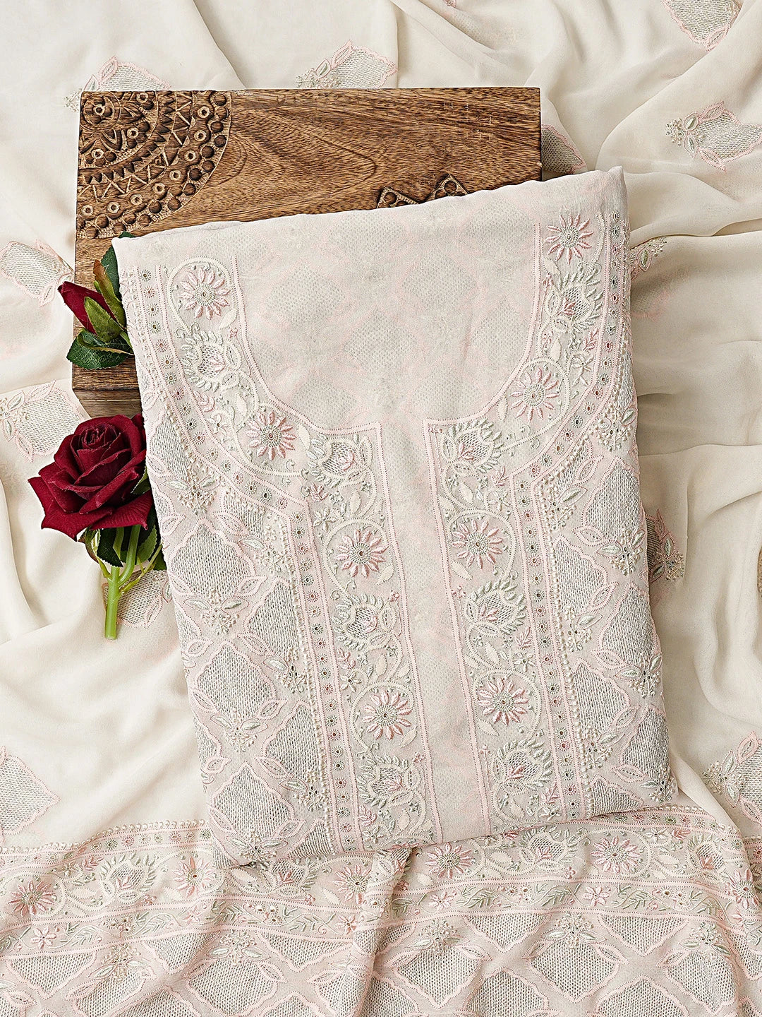 Ada Hand Embroidered White Pure Georgette Lucknowi Chikankari Unstitched Kurta Dupatta Set 01A795857