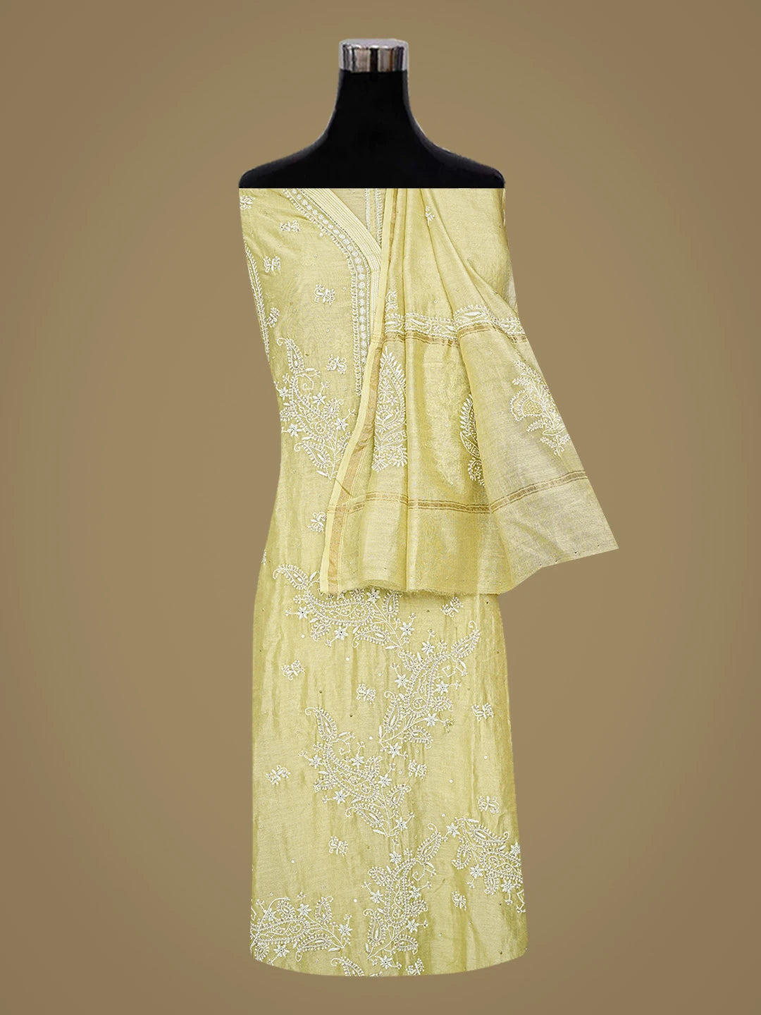Ada Hand Embroidered Green Chanderi Lucknowi Chikankari Unstitched Kurta Dupatta Set With Cutdana Work 01A224434