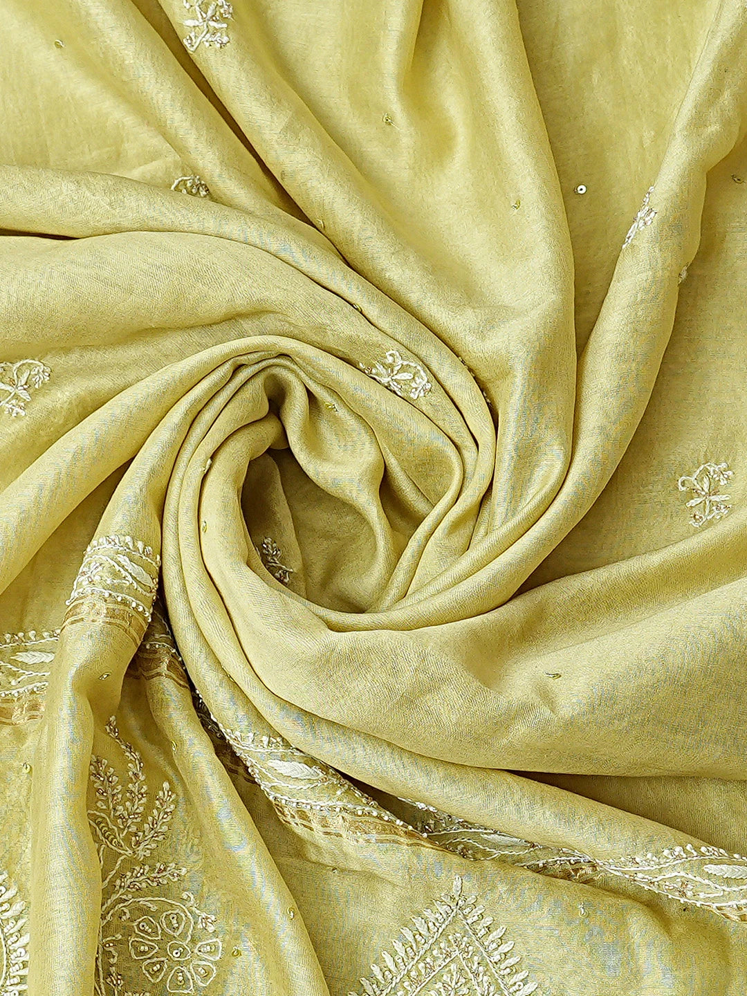 Ada Hand Embroidered Green Chanderi Lucknowi Chikankari Unstitched Kurta Dupatta Set With Cutdana Work 01A224434