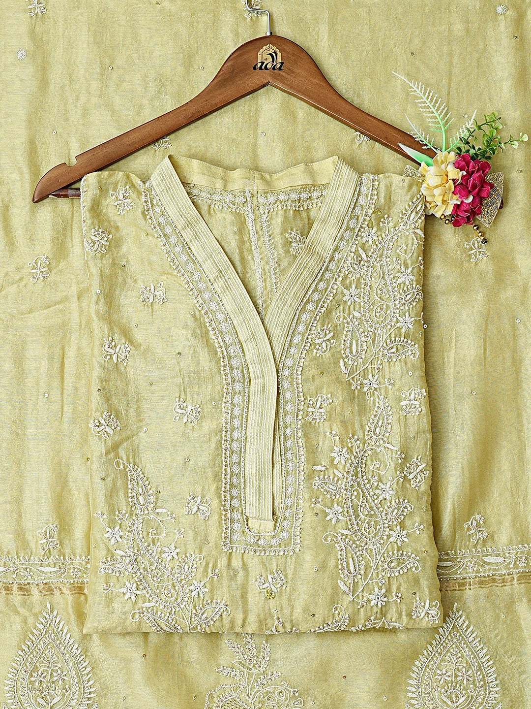 Ada Hand Embroidered Green Chanderi Lucknowi Chikankari Unstitched Kurta Dupatta Set With Cutdana Work 01A224434