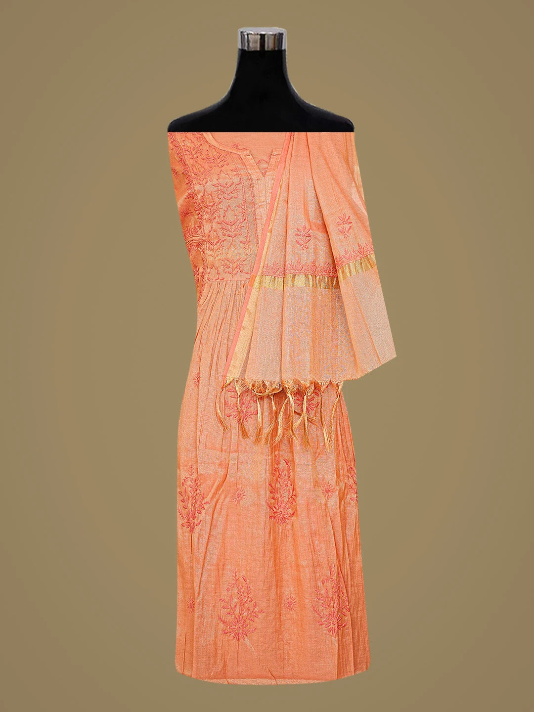 Ada Hand Embroidered Rust Tissue Lucknowi Chikankari Semi-stitched Kurta Dupatta Set 01A785313