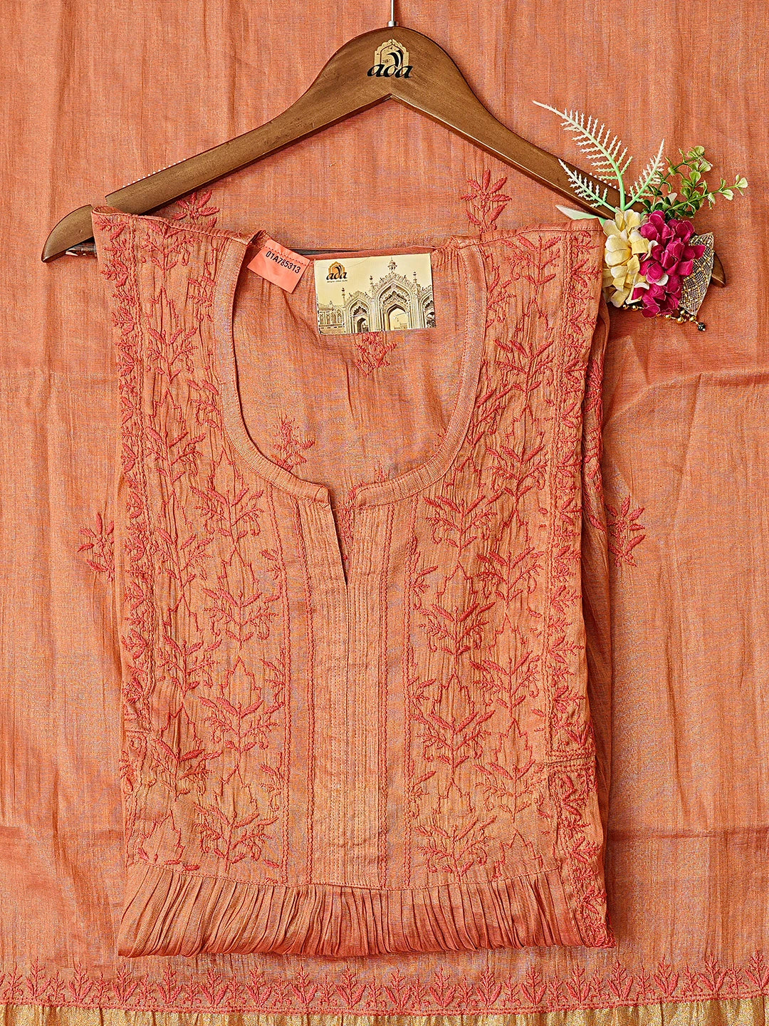 Ada Hand Embroidered Rust Tissue Lucknowi Chikankari Semi-stitched Kurta Dupatta Set 01A785313