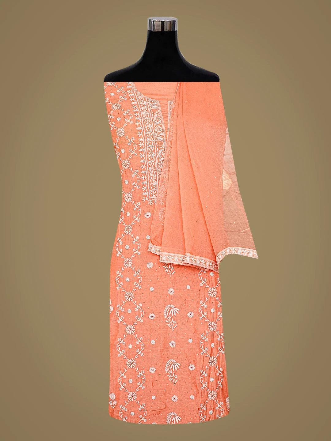 Ada Hand Embroidered Peach Muslin Lucknowi Chikankari Unstitched Suit Piece With Cutdana Work 01A488131
