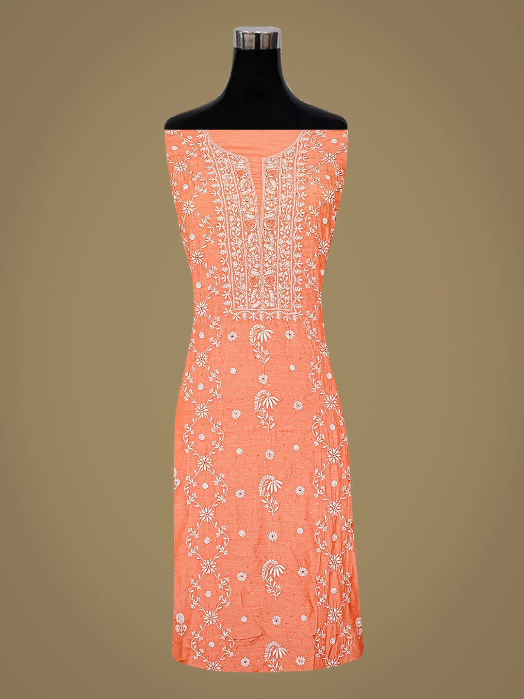 Ada Hand Embroidered Peach Muslin Lucknowi Chikankari Unstitched Suit Piece With Cutdana Work 01A488131