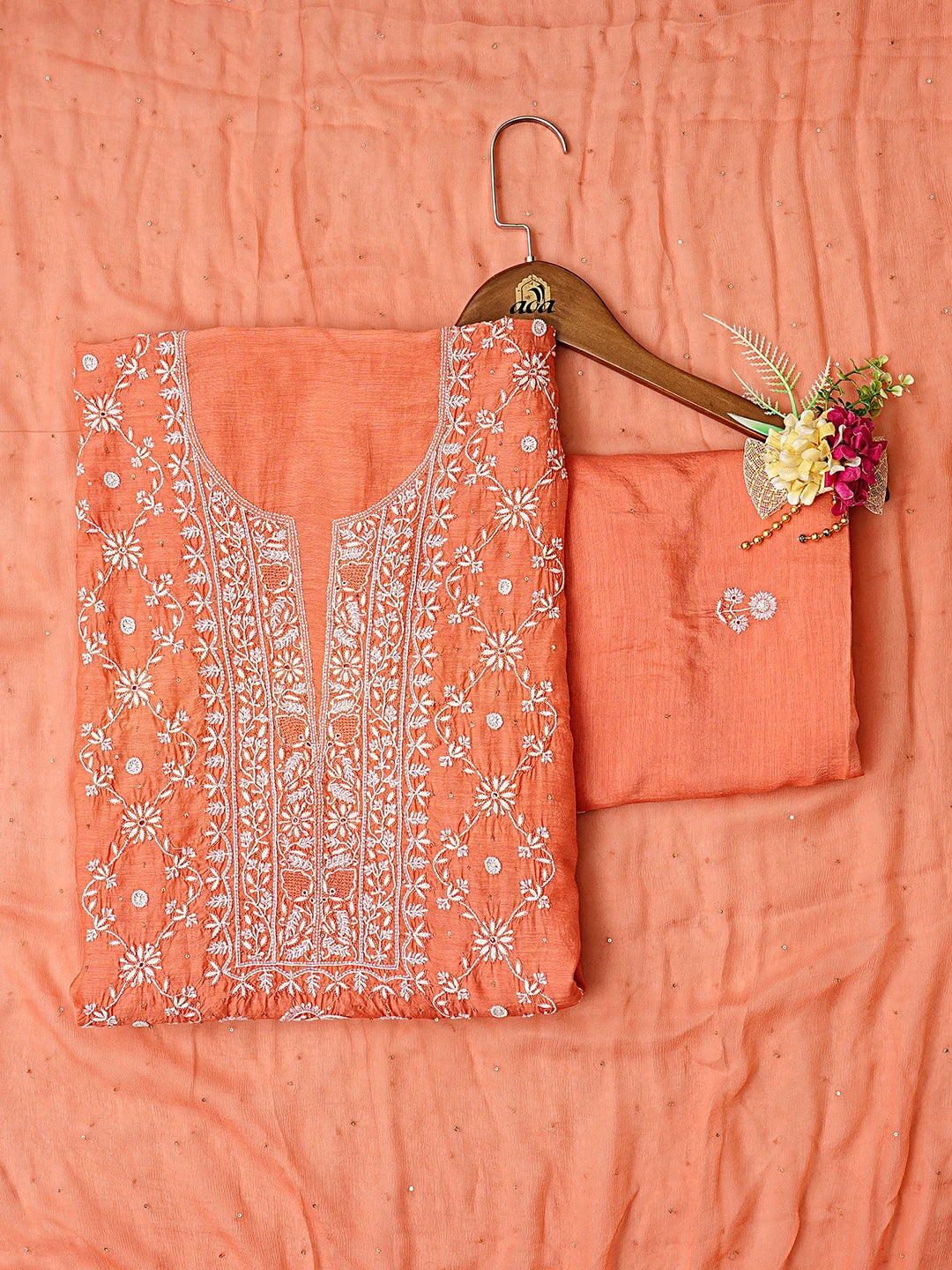Ada Hand Embroidered Peach Muslin Lucknowi Chikankari Unstitched Suit Piece With Cutdana Work 01A488131