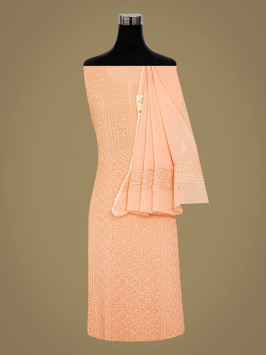 Ada Hand Embroidered Peach Viscose Georgette Lucknowi Chikankari Unstitched Kurta Dupatta Set With Cutdana Work 01A699569