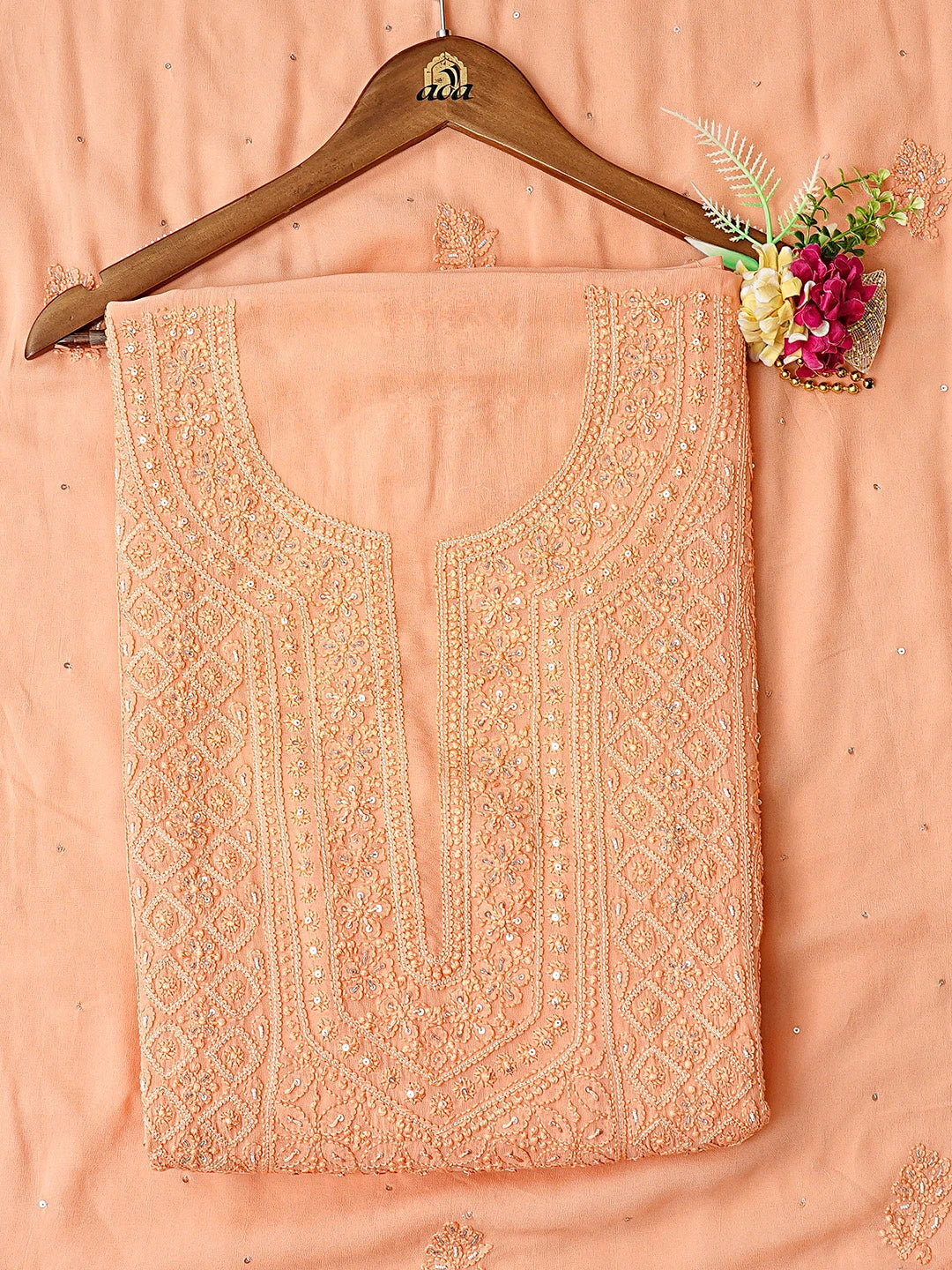 Ada Hand Embroidered Peach Viscose Georgette Lucknowi Chikankari Unstitched Kurta Dupatta Set With Cutdana Work 01A699569