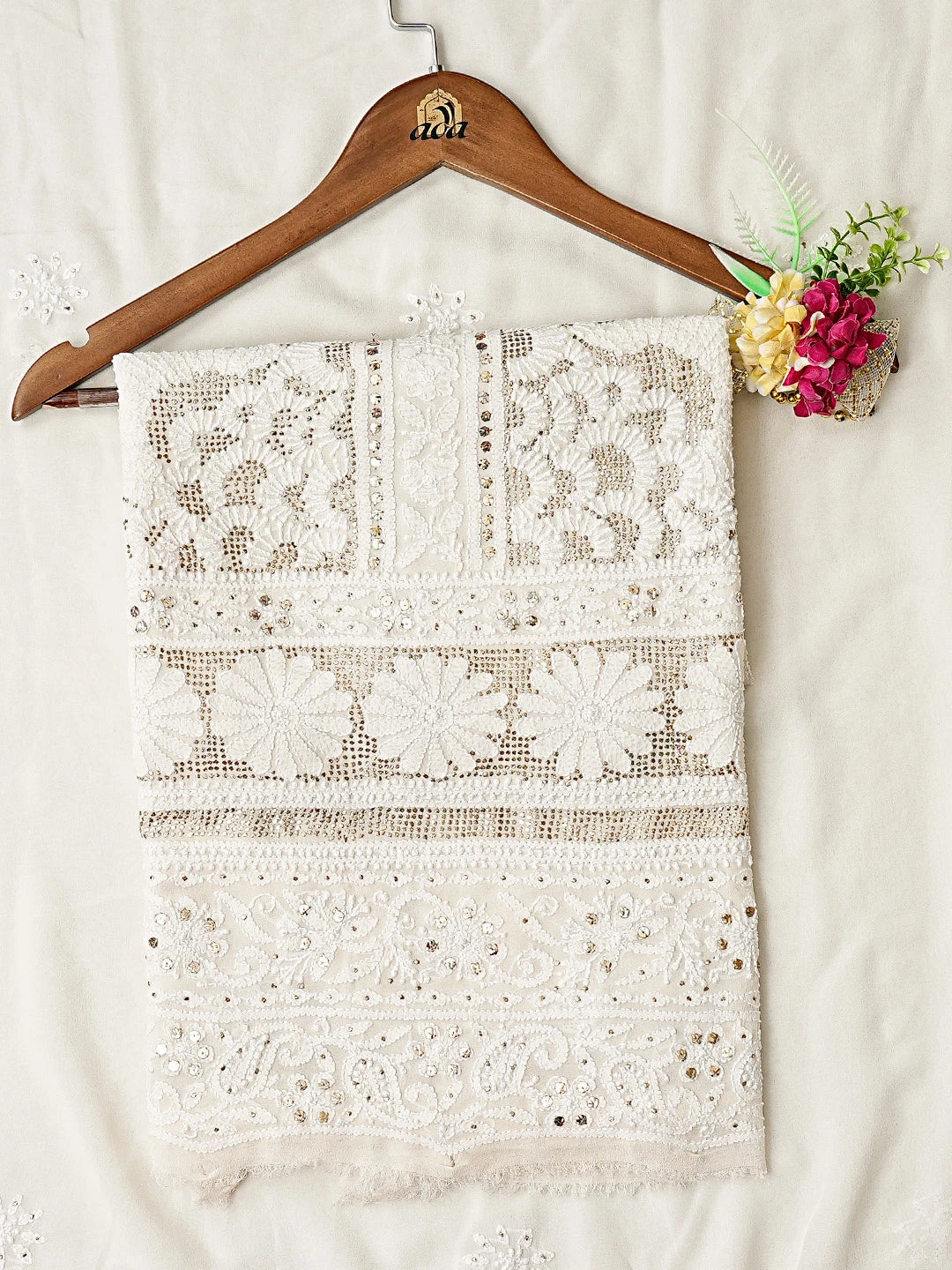 Ada Hand Embroidered White Viscose Georgette Lucknowi Chikankari Unstitched Kurta Dupatta Set With Mukaish Work 01A846075