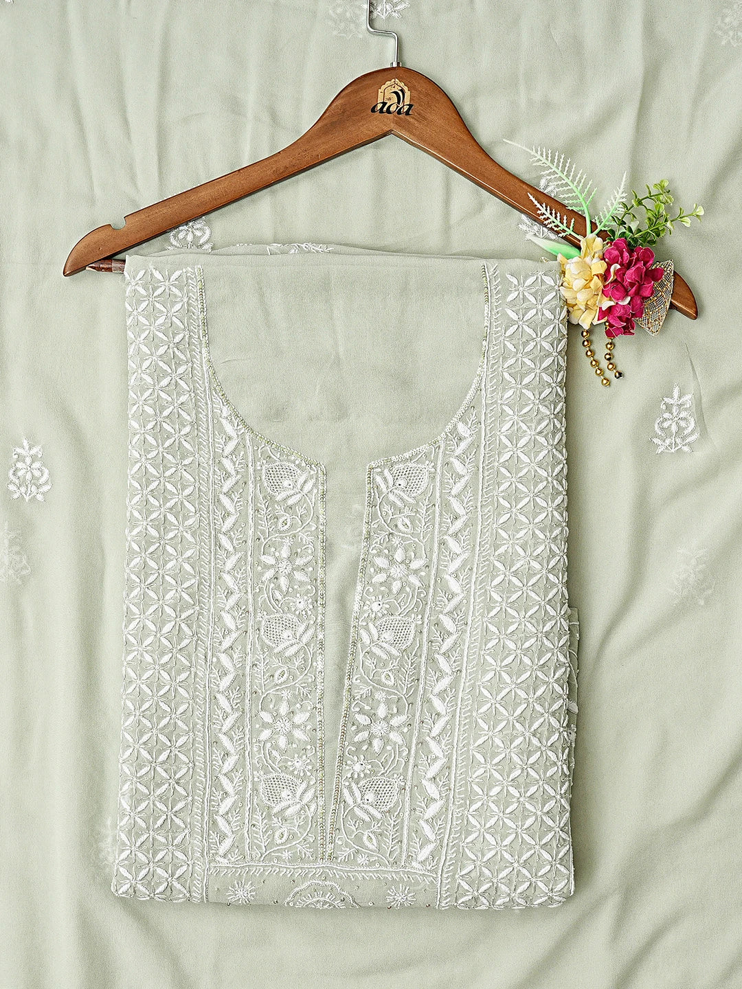 Ada Hand Embroidered Grey Pure Georgette Lucknowi Chikankari Unstitched Kurta Dupatta Set With Cutdana Work 01A754673