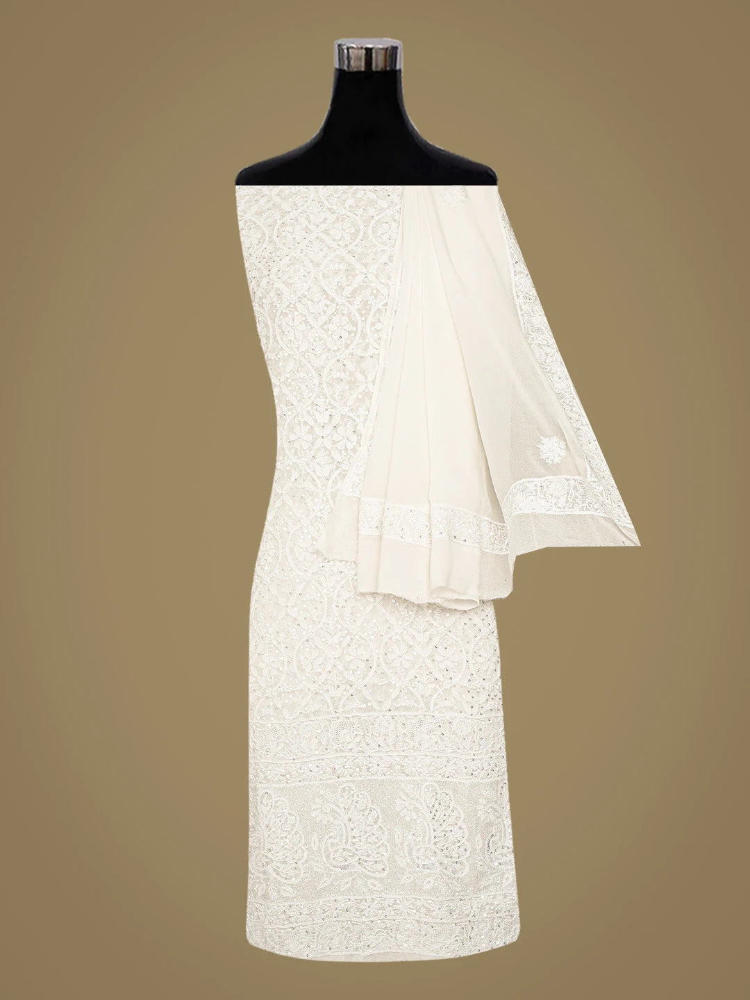 Ada Hand Embroidered White Pure Georgette Lucknowi Chikankari Unstitched Kurta Dupatta Set With Pearl Work 01A752399