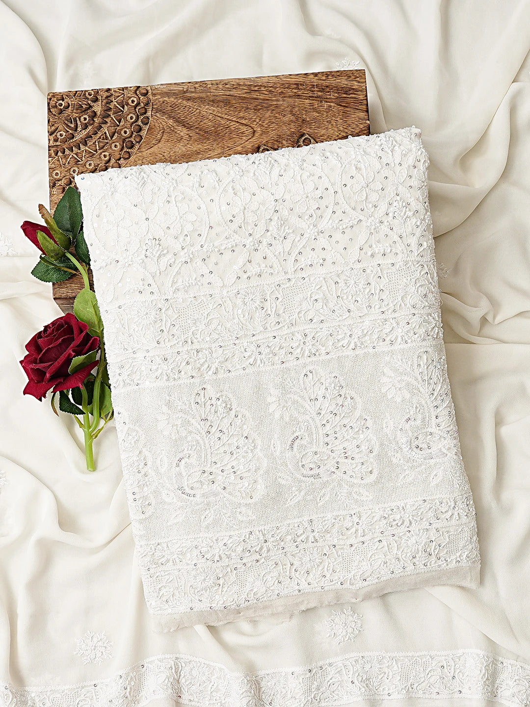 Ada Hand Embroidered White Pure Georgette Lucknowi Chikankari Unstitched Kurta Dupatta Set With Pearl Work 01A752399