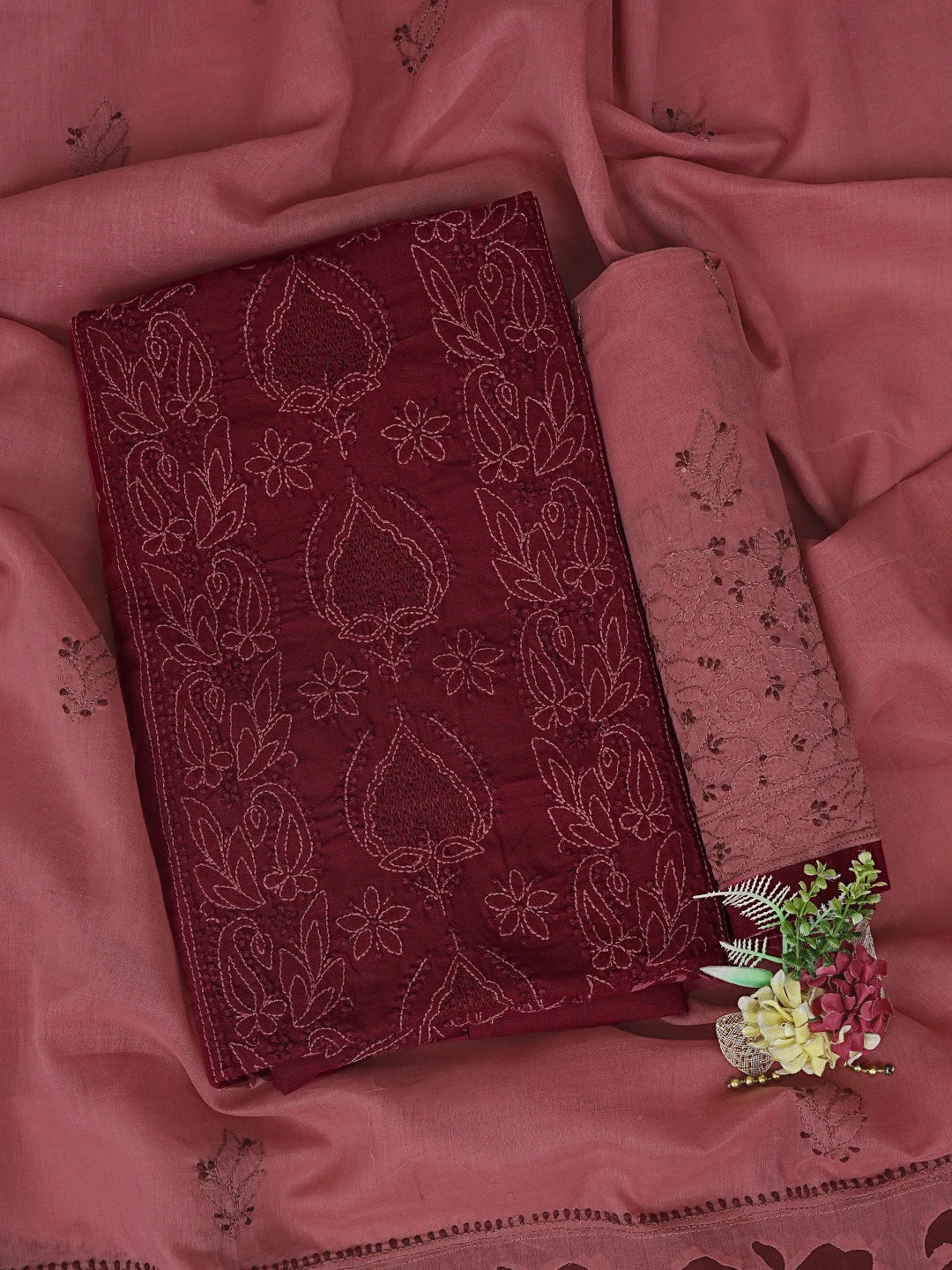 Ada Hand Embroidered Maroon Cotton Lucknowi Chikankari Unstitched Suit Piece 01A845225