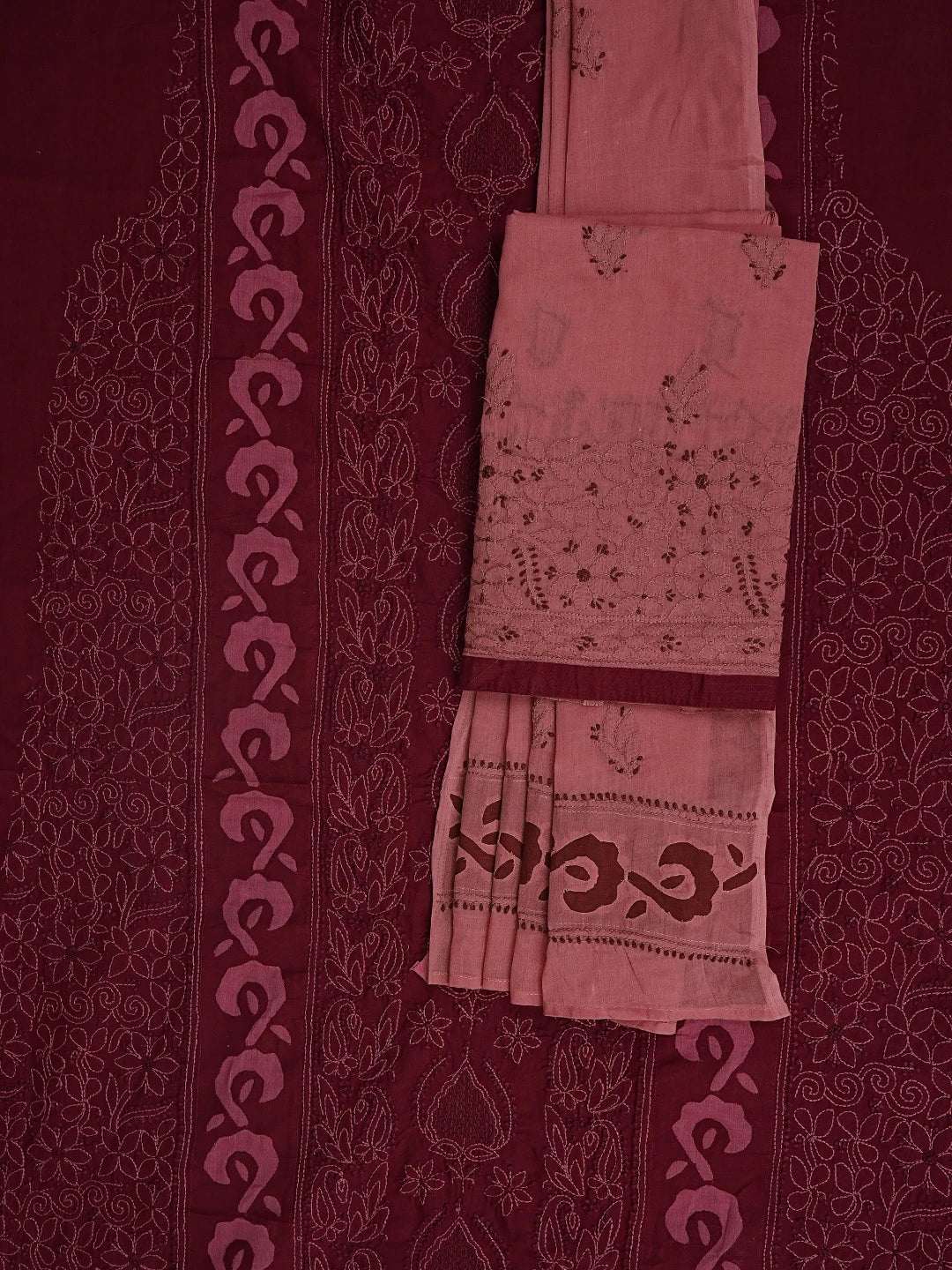 Ada Hand Embroidered Maroon Cotton Lucknowi Chikankari Unstitched Suit Piece 01A845225