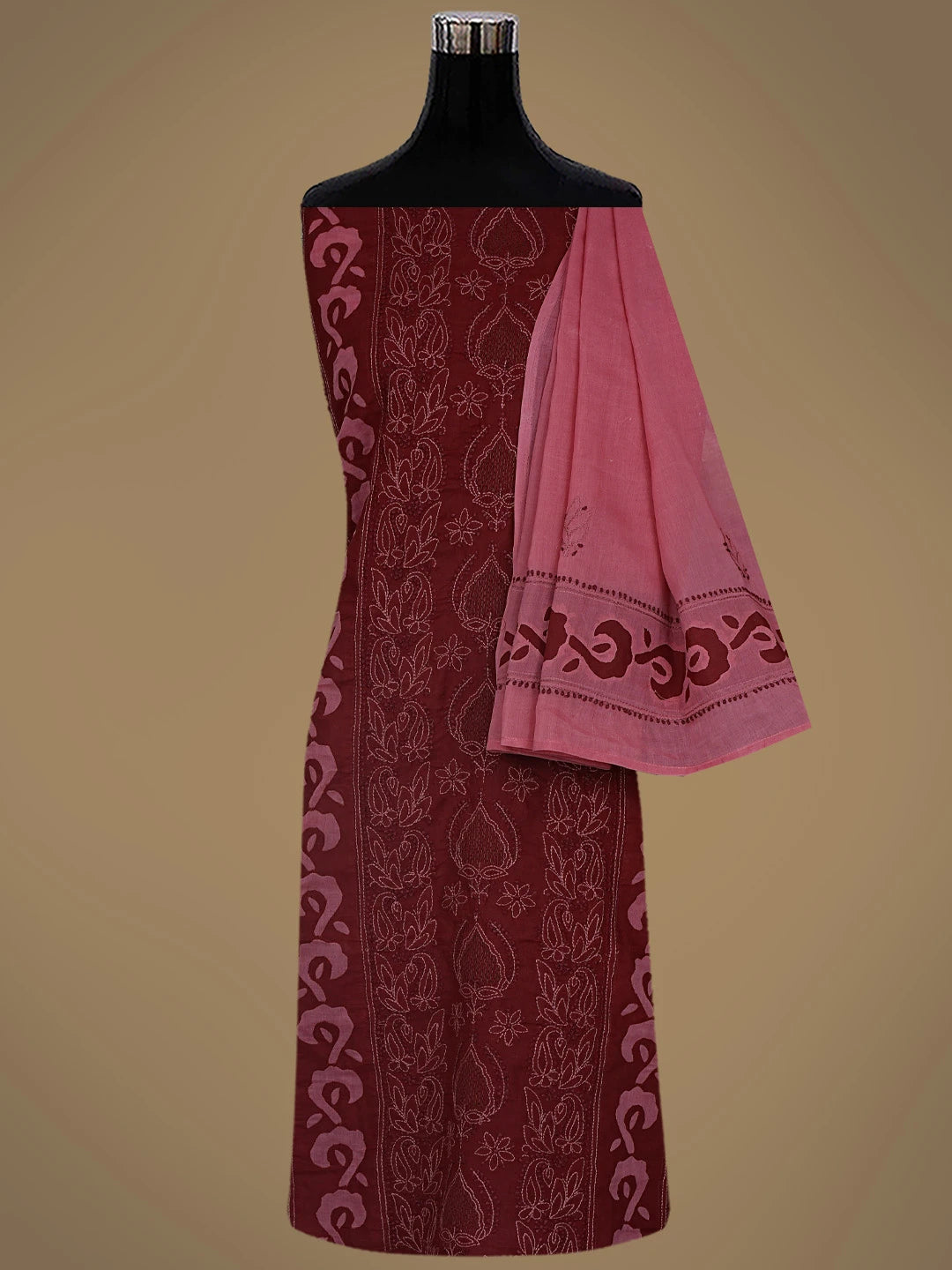 Ada Hand Embroidered Maroon Cotton Lucknowi Chikankari Unstitched Suit Piece 01A845225