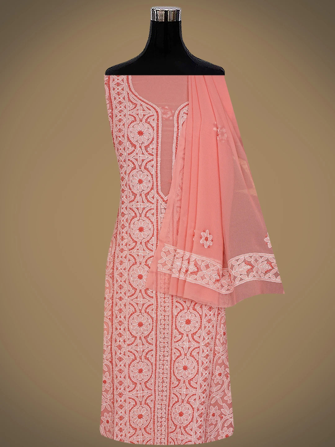 Ada Hand Embroidered Peach Georgette Lucknowi Chikankari Unstitched Suit Piece 01A867557