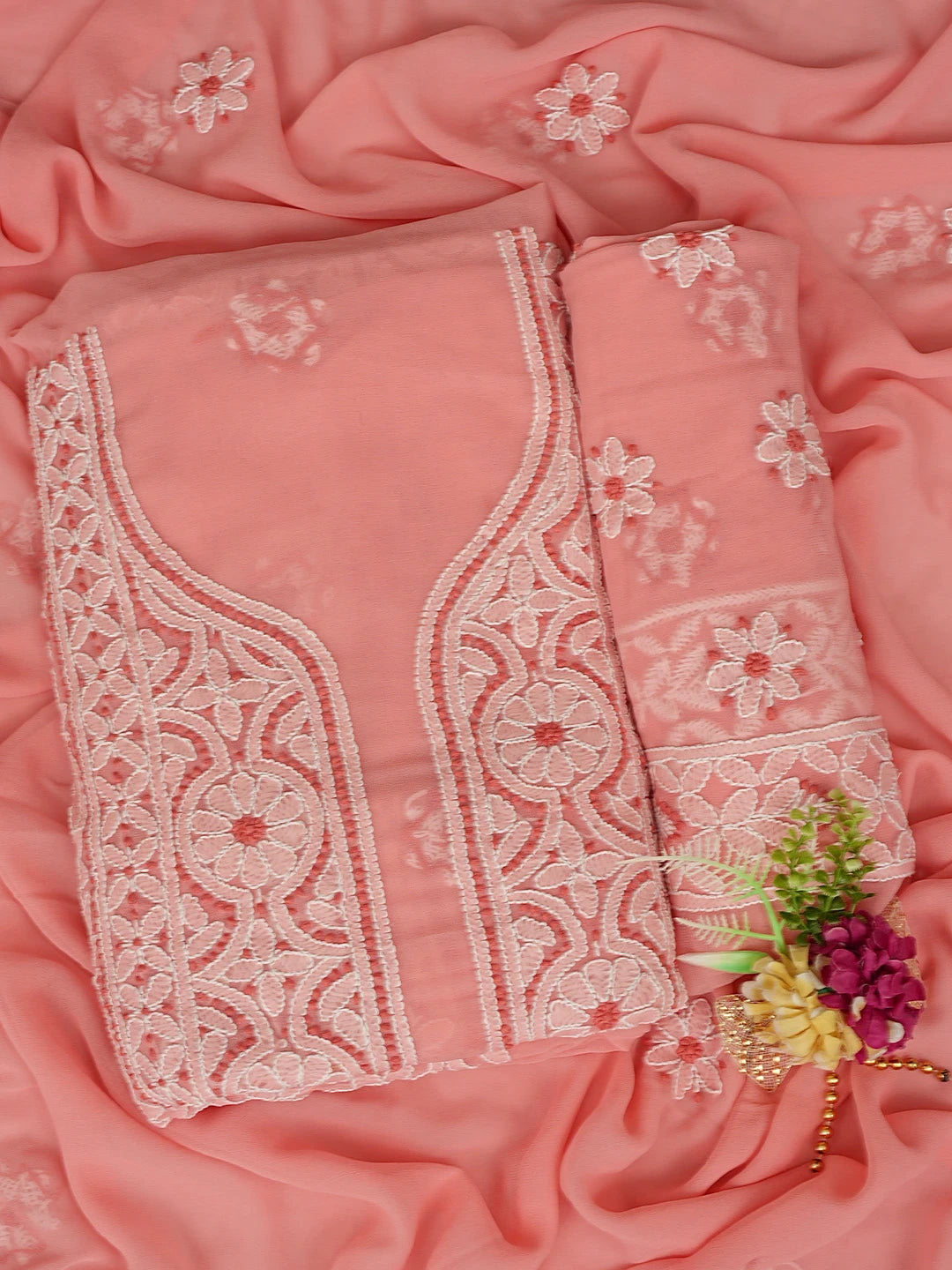 Ada Hand Embroidered Peach Georgette Lucknowi Chikankari Unstitched Suit Piece 01A867557