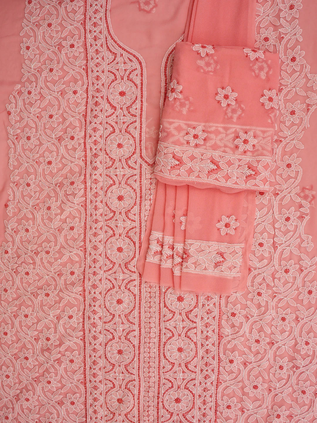 Ada Hand Embroidered Peach Georgette Lucknowi Chikankari Unstitched Suit Piece 01A867557