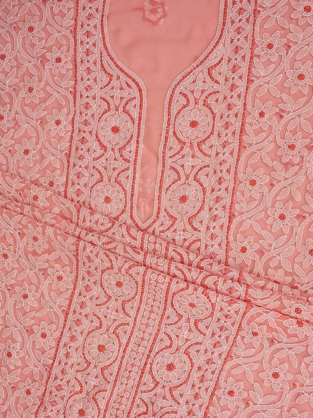 Ada Hand Embroidered Peach Georgette Lucknowi Chikankari Unstitched Suit Piece 01A867557