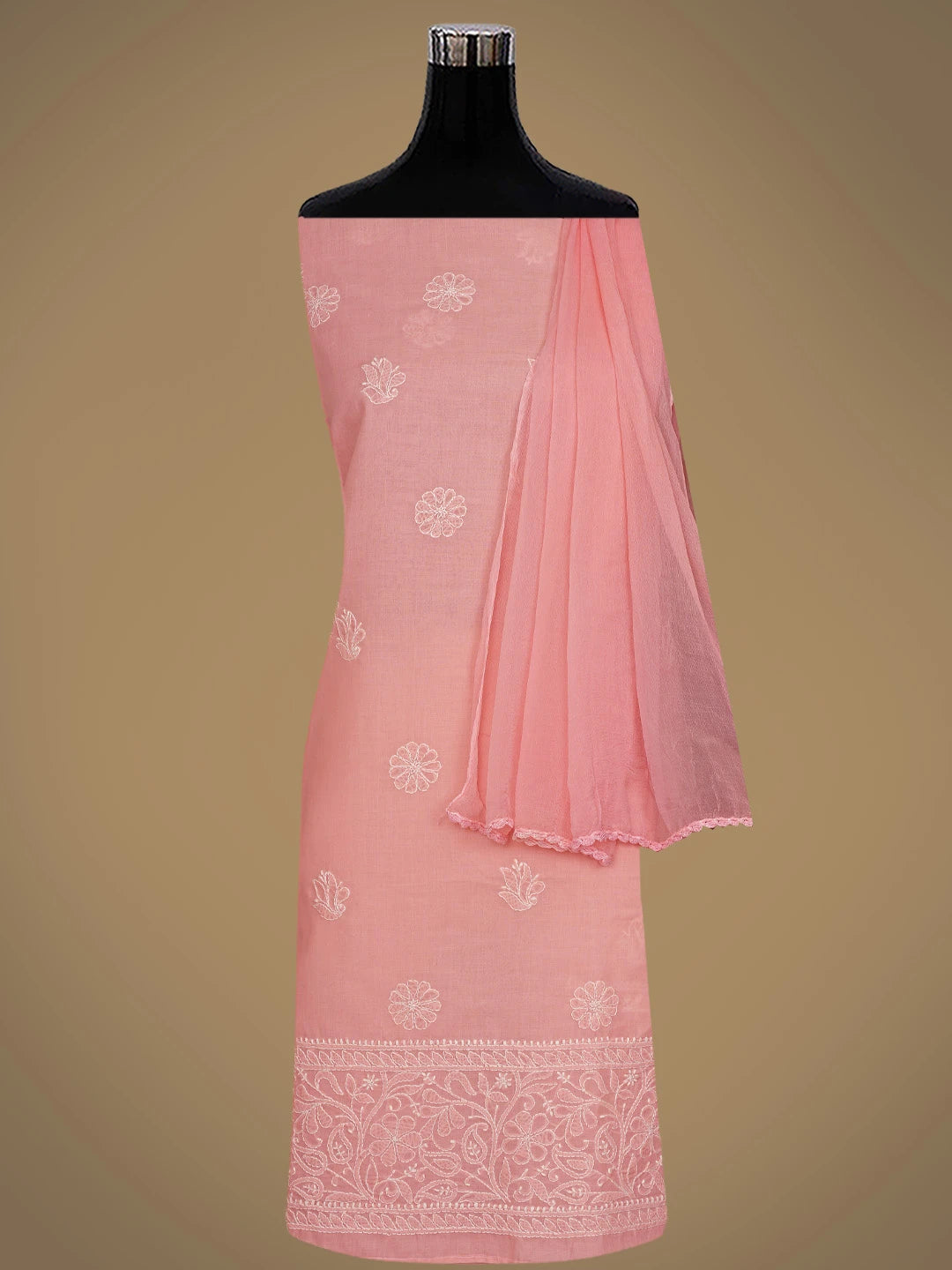 Ada Hand Embroidered Peach Cotton Lucknowi Chikankari Unstitched Suit Piece 01A818671