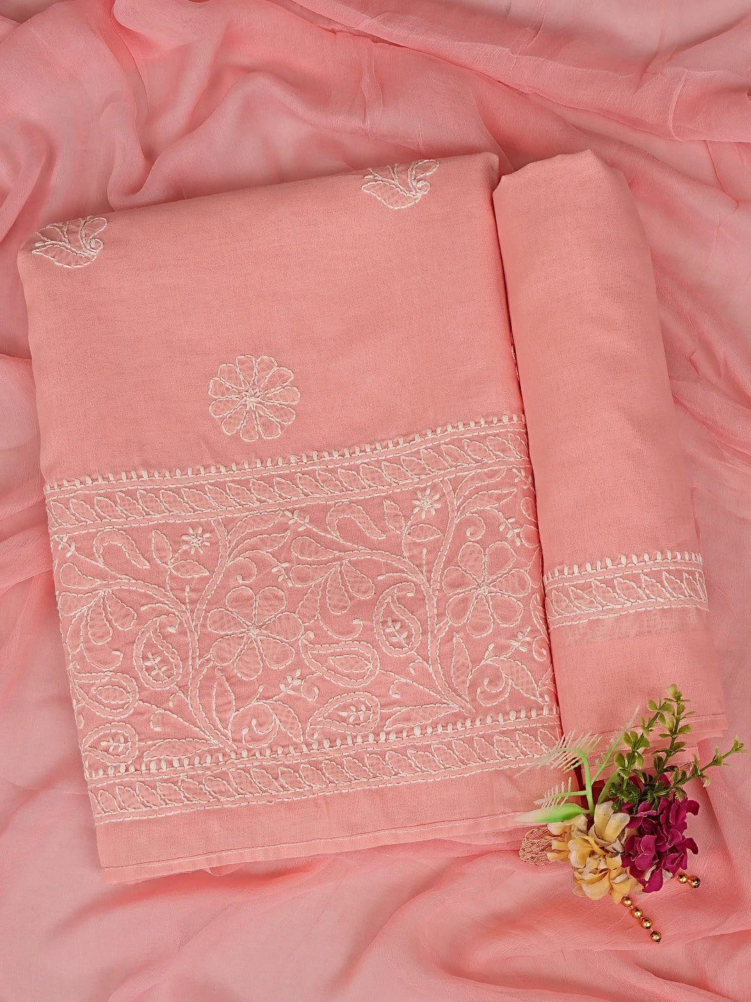 Ada Hand Embroidered Peach Cotton Lucknowi Chikankari Unstitched Suit Piece 01A818671