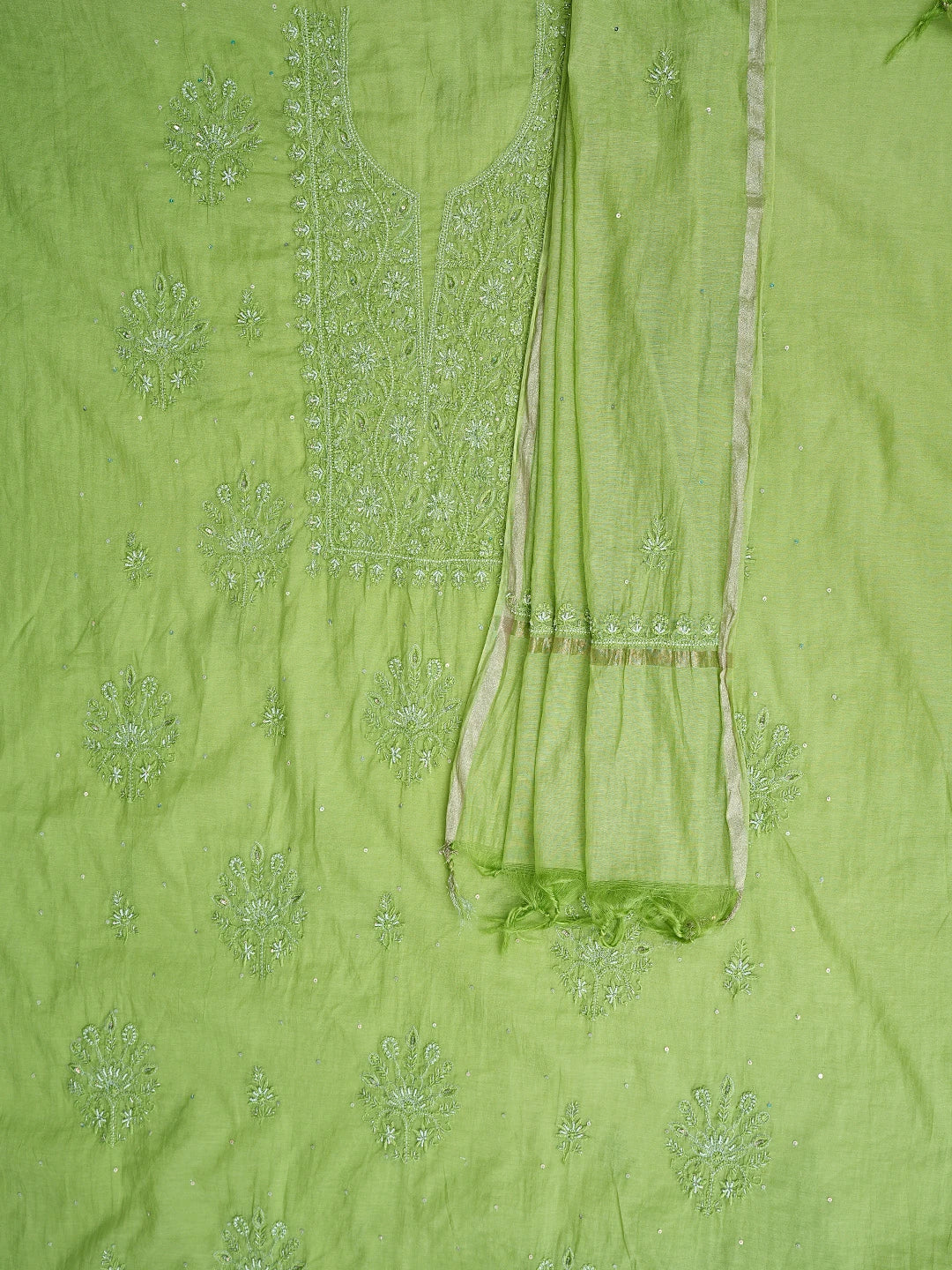 Ada Hand Embroidered Green Chanderi Lucknowi Chikankari Unstitched Kurta Dupatta Set With Pearl Work 01A795624