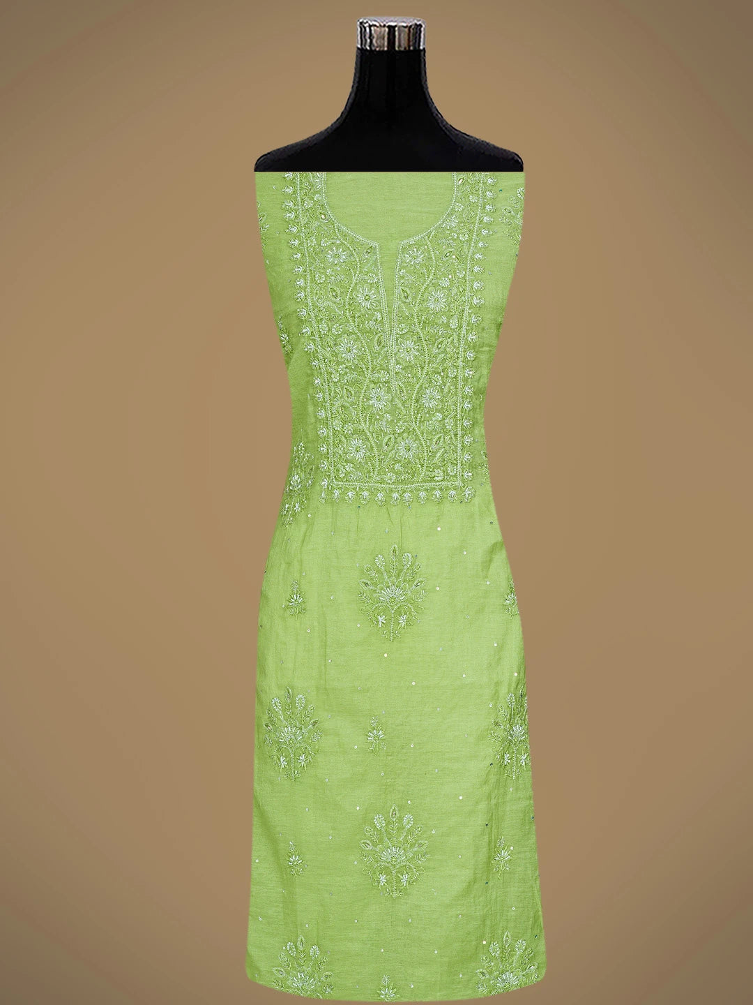 Ada Hand Embroidered Green Chanderi Lucknowi Chikankari Unstitched Kurta Dupatta Set With Pearl Work 01A795624