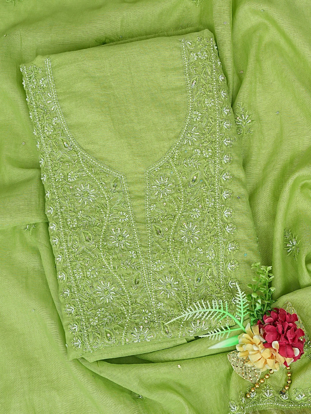 Ada Hand Embroidered Green Chanderi Lucknowi Chikankari Unstitched Kurta Dupatta Set With Pearl Work 01A795624