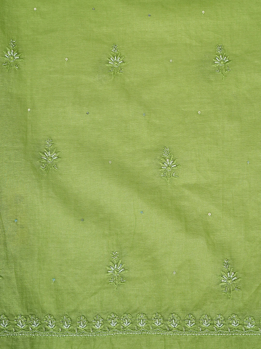 Ada Hand Embroidered Green Chanderi Lucknowi Chikankari Unstitched Kurta Dupatta Set With Pearl Work 01A795624