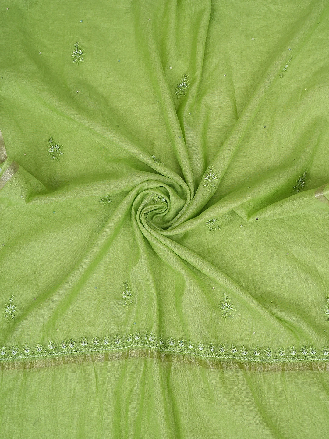 Ada Hand Embroidered Green Chanderi Lucknowi Chikankari Unstitched Kurta Dupatta Set With Pearl Work 01A795624