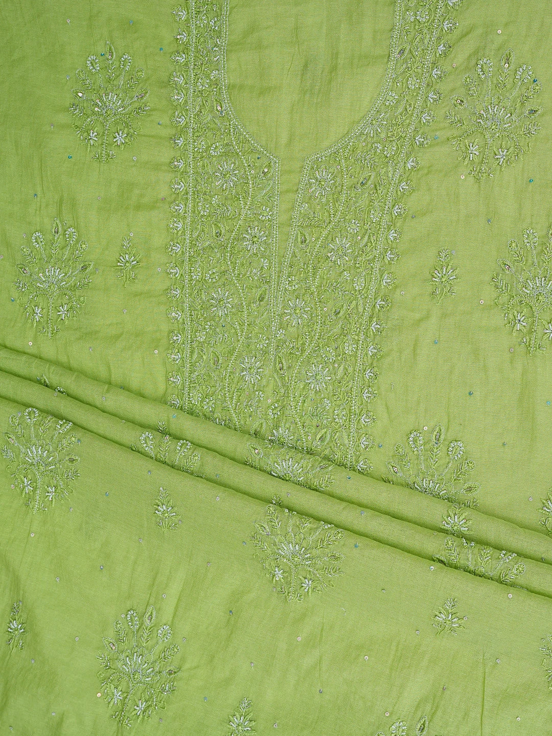 Ada Hand Embroidered Green Chanderi Lucknowi Chikankari Unstitched Kurta Dupatta Set With Pearl Work 01A795624
