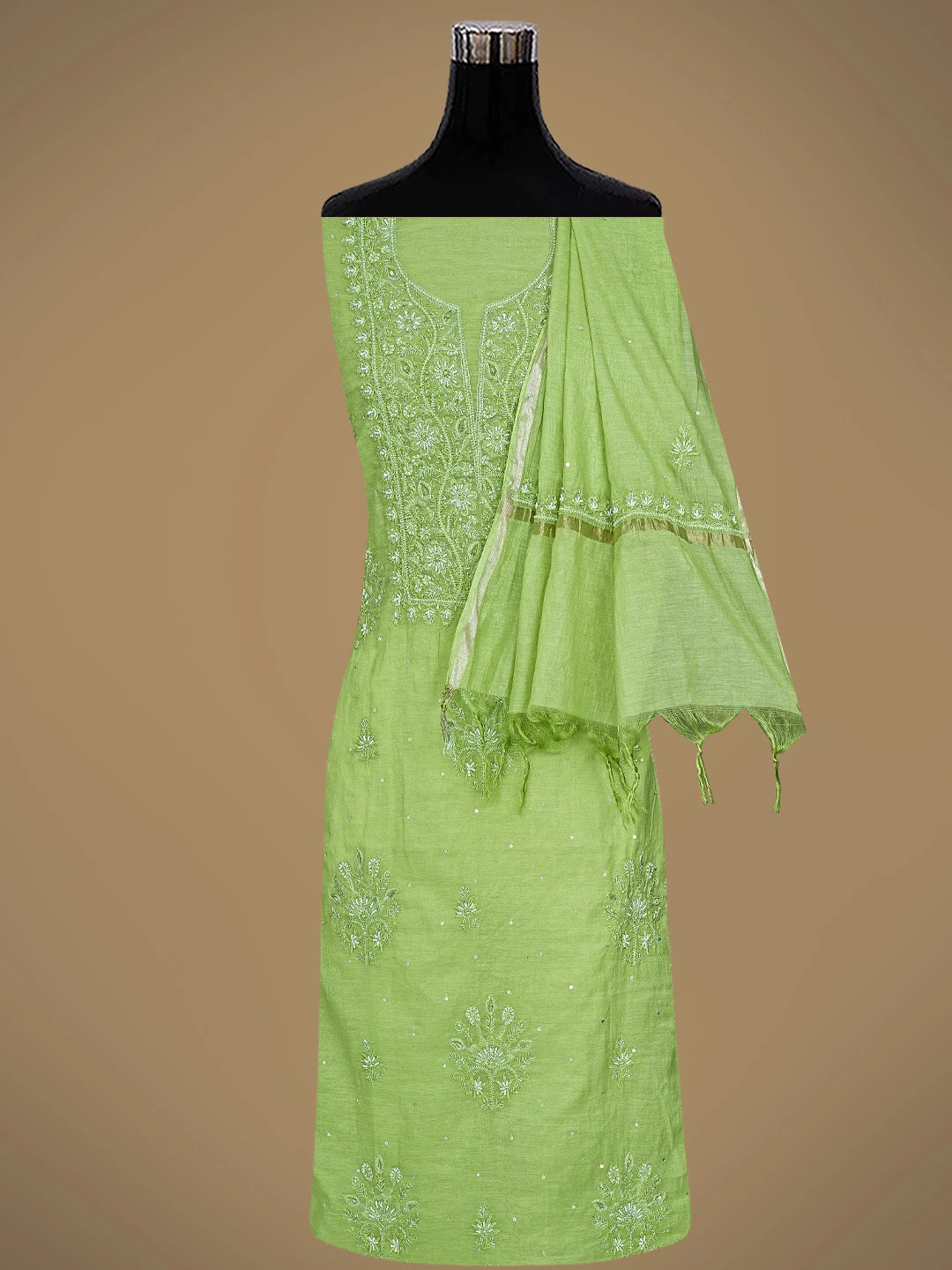 Ada Hand Embroidered Green Chanderi Lucknowi Chikankari Unstitched Kurta Dupatta Set With Pearl Work 01A795624