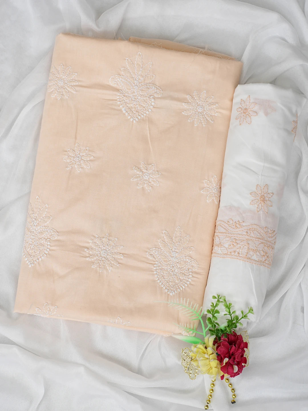 Ada Hand Embroidered Peach Cotton Lucknowi Chikankari Unstitched Suit Piece 01A870839
