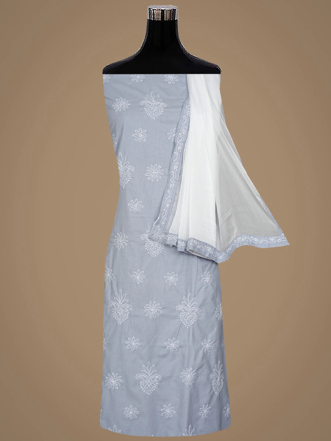 Ada Hand Embroidered Grey Cotton Lucknowi Chikankari Unstitched Suit Piece 01A870841