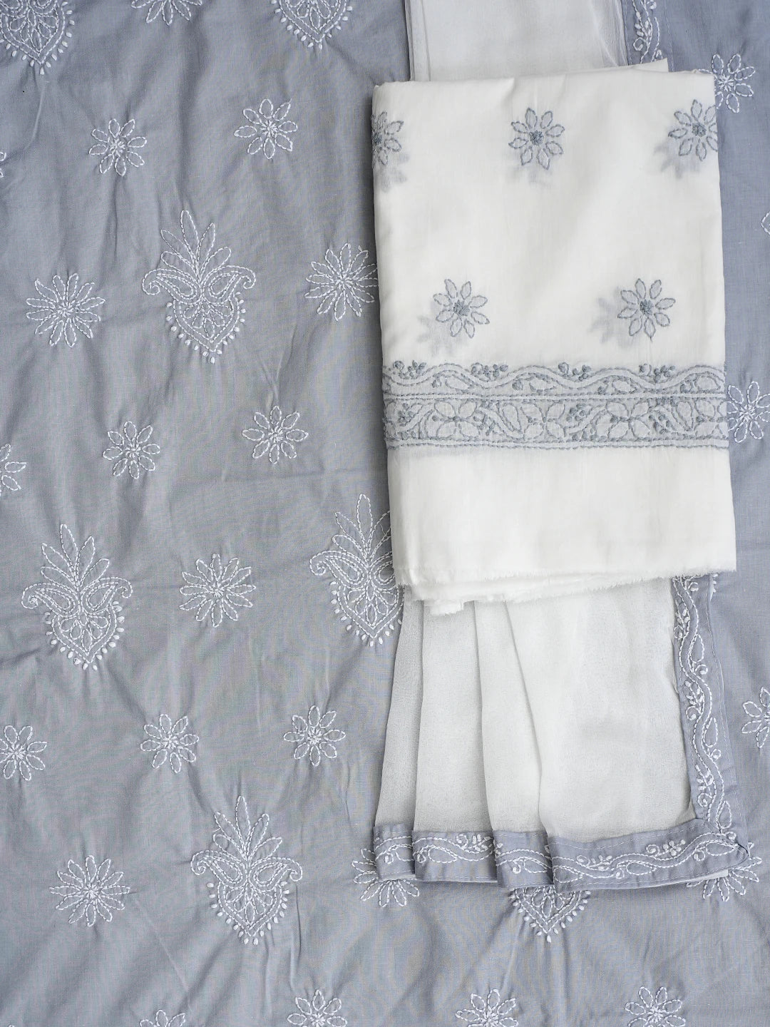 Ada Hand Embroidered Grey Cotton Lucknowi Chikankari Unstitched Suit Piece 01A870841