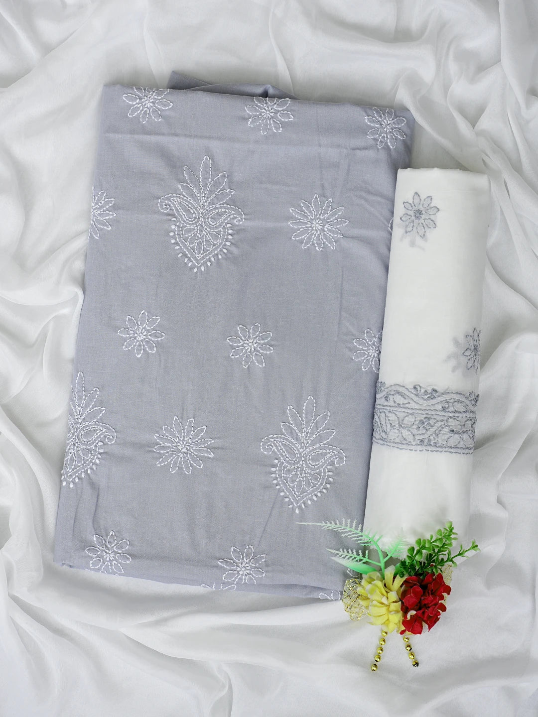 Ada Hand Embroidered Grey Cotton Lucknowi Chikankari Unstitched Suit Piece 01A870841